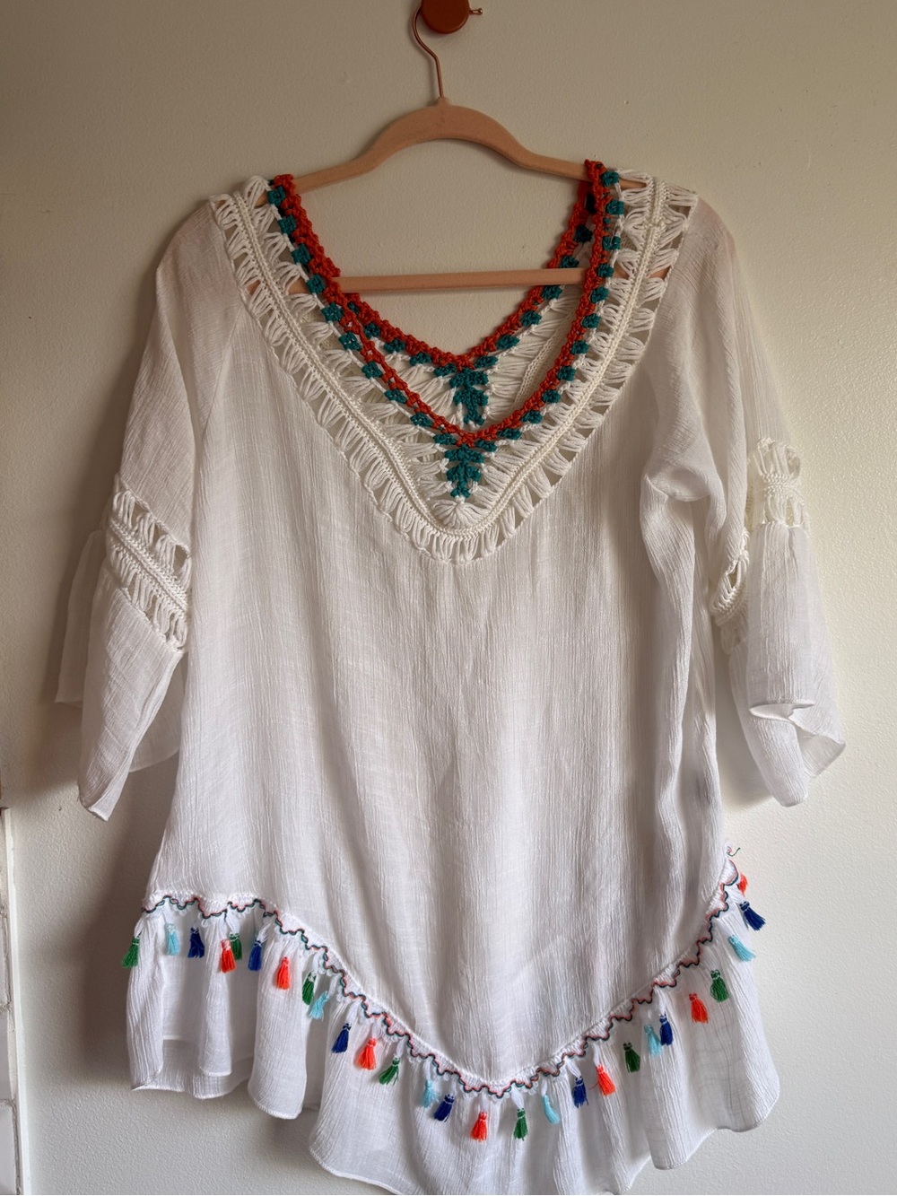 SHEIN Curve White V-Neck Tunic Cover-up with Orange and Teal Crochet Trim